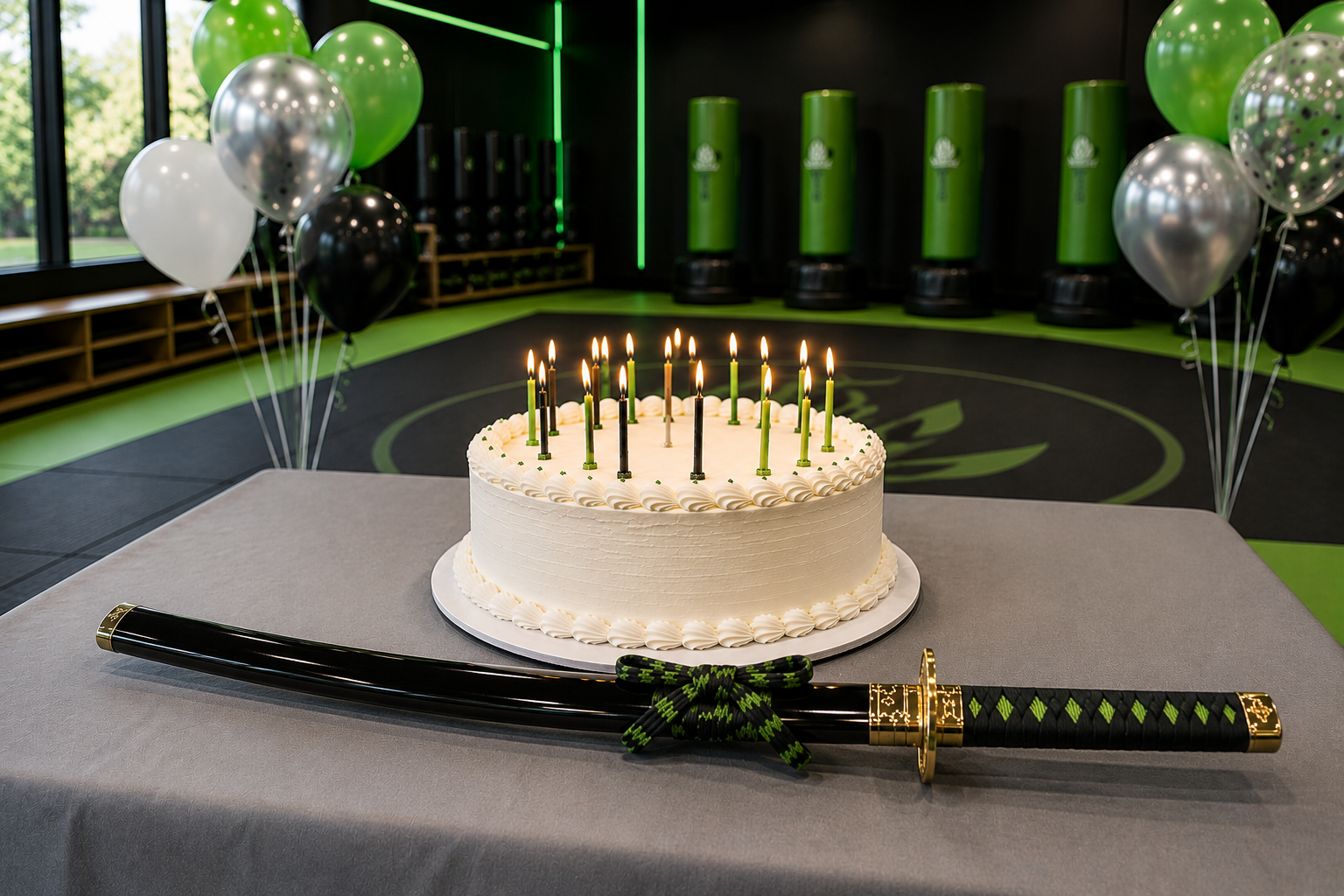 Birthday child cutting a cake with a ceremonial sword guided by an instructor