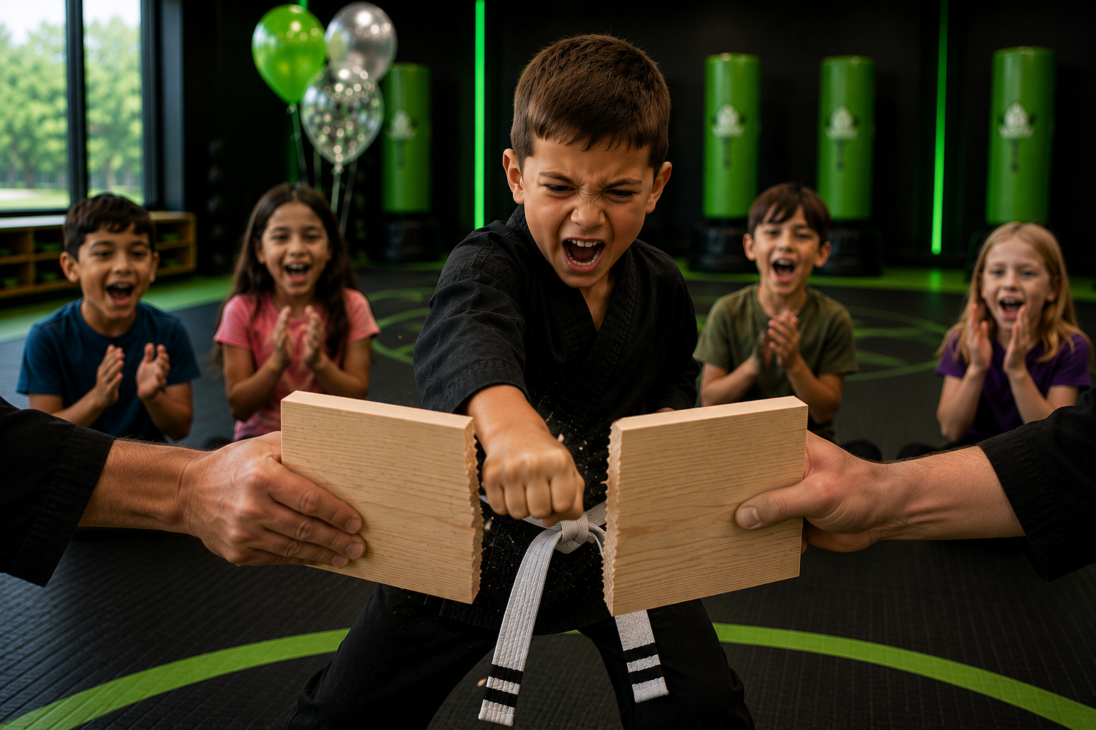Birthday star breaking a board with instructor support