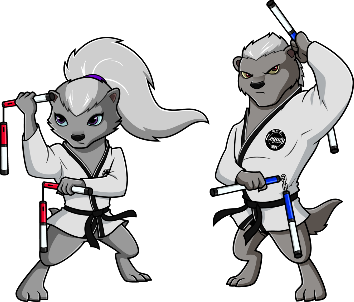 Two Mighty Badgers mascots training together with weapons