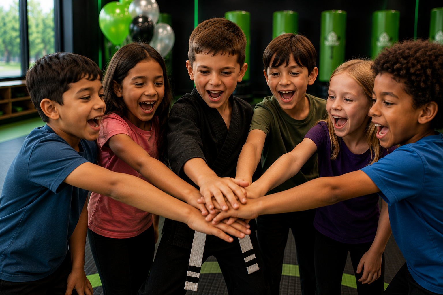 Birthday star with arms raised while friends cheer